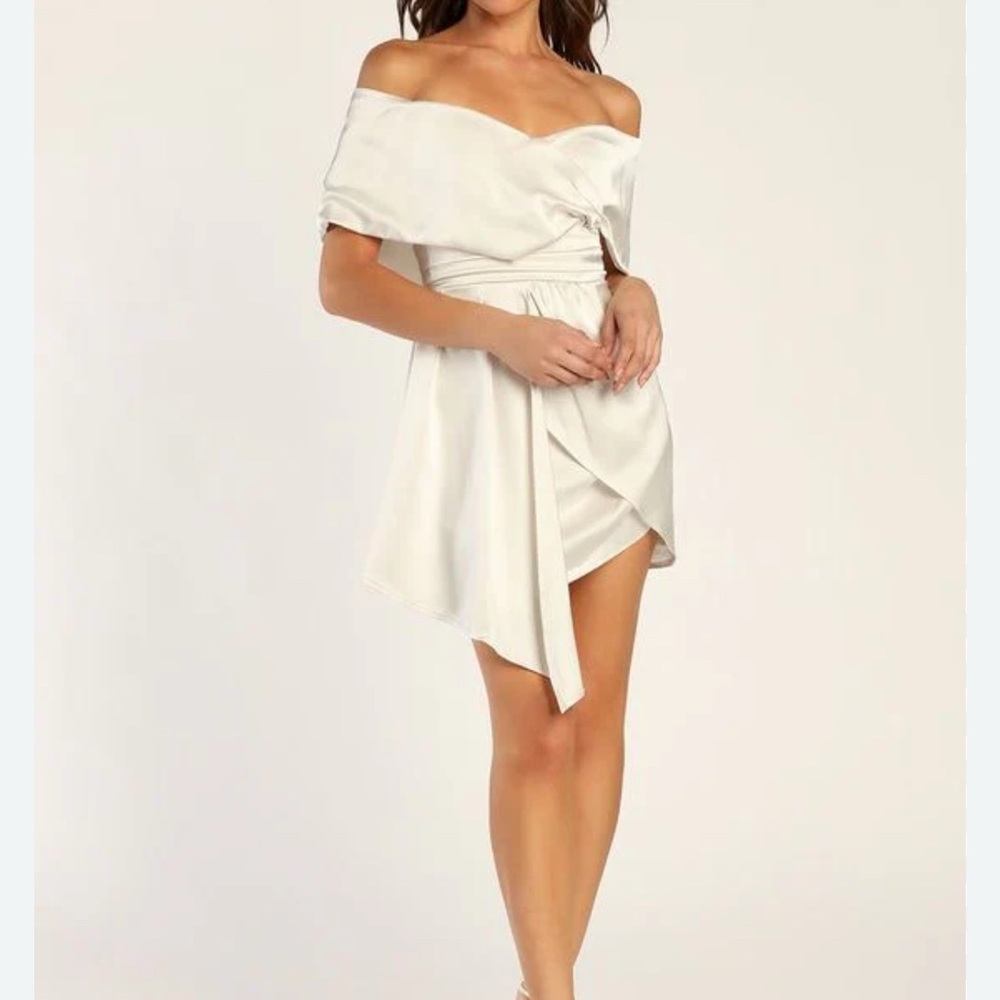 Lulus Always Celebrating Ivory Satin Off the Shoulder Dress